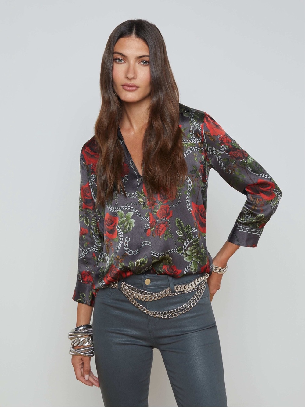 NWT L'agence Dani Silk Blouse In Drk Shadowred Chain Roses